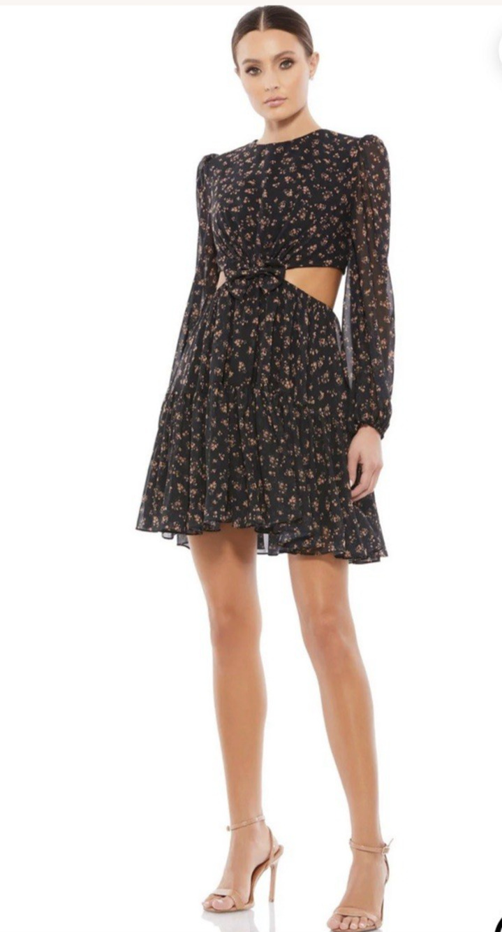 Ieena Mac Duggal Chiffon Floral Mini Cocktail Dress Womens Size 2 Black NWT